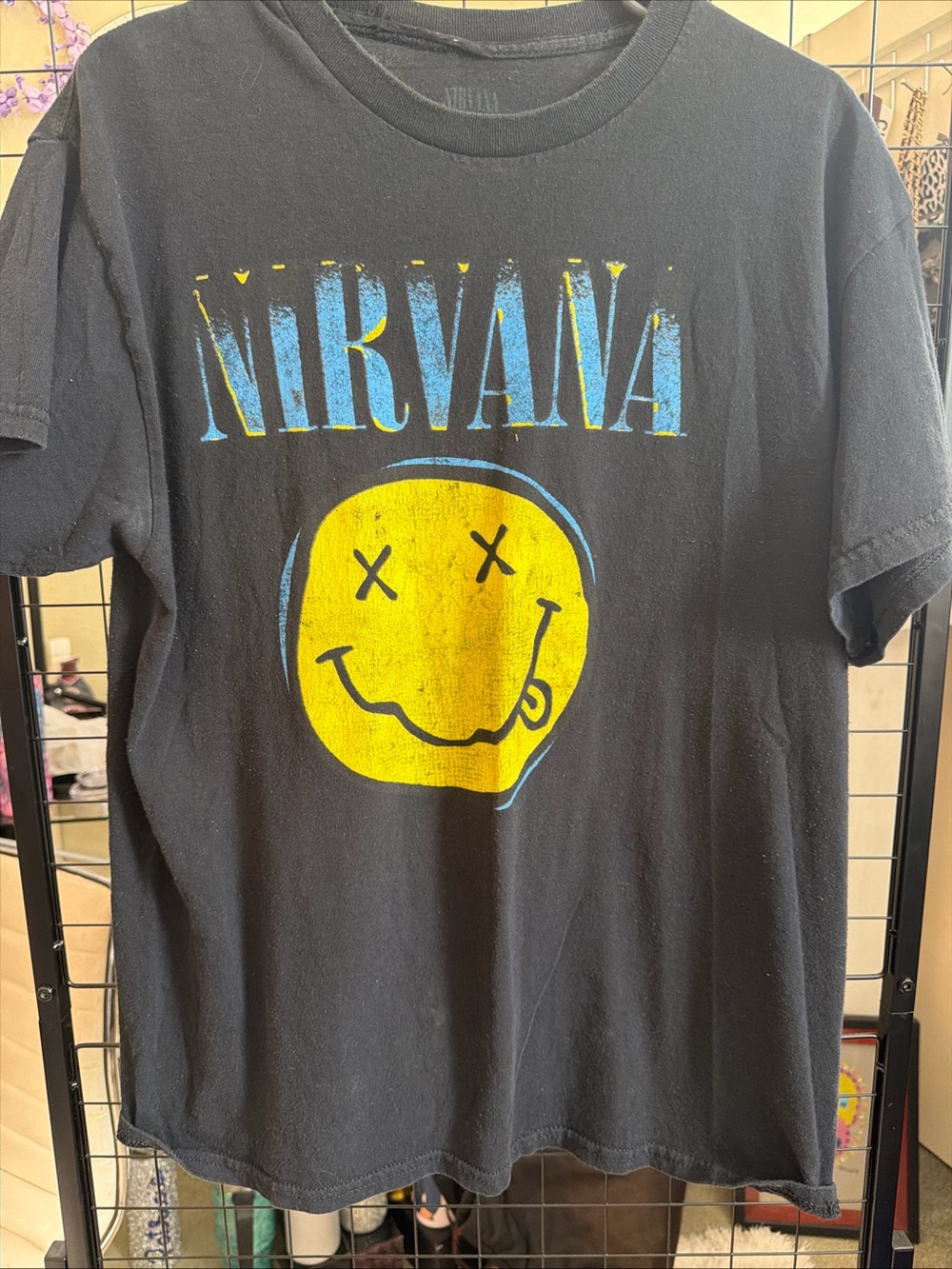 Nirvana Smiley Face T Shirt Men’s L Black Yellow Graphic 100% Cotton